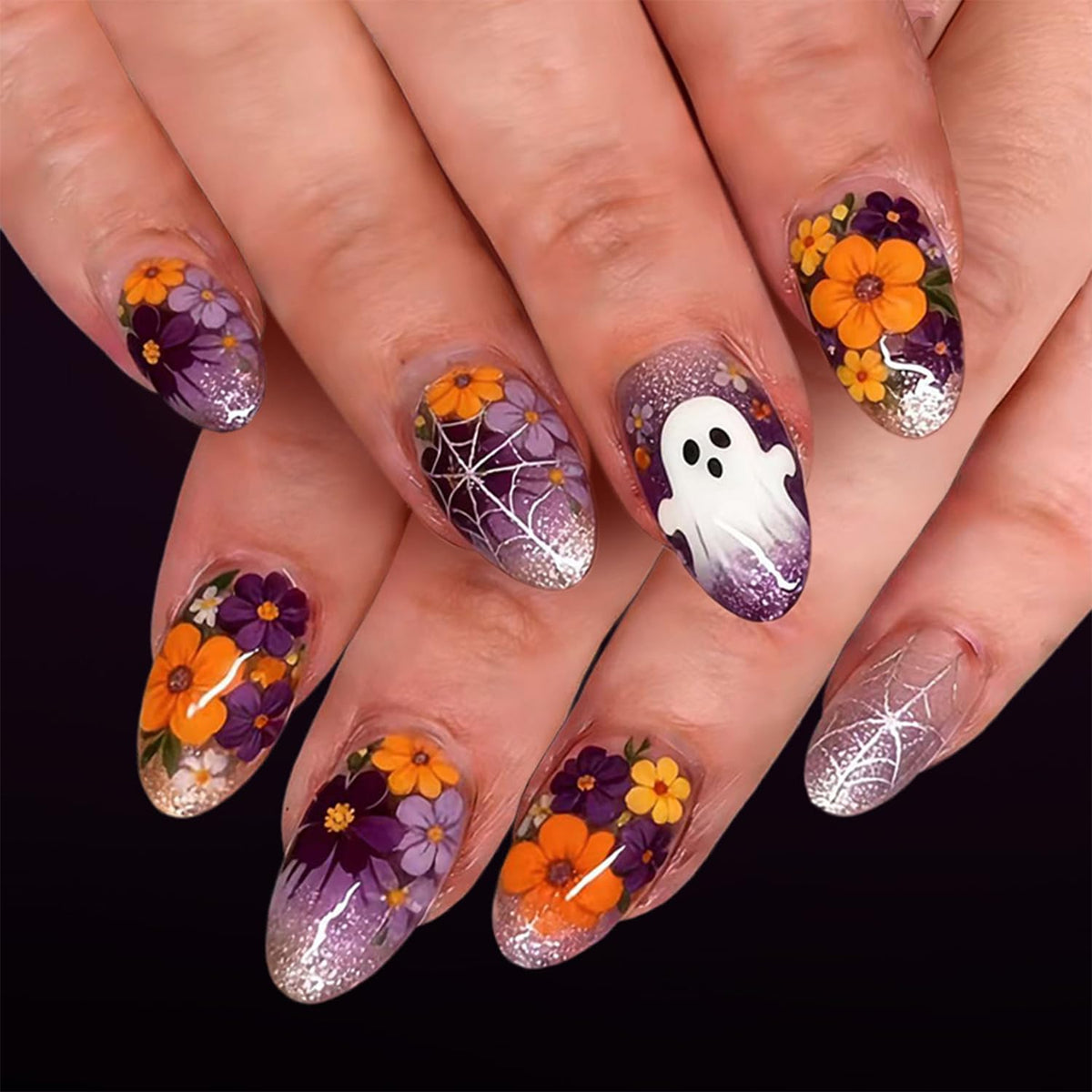 Halloween Black Press On Nails Short Oval Cute Ghost Pumpkin Fake Nails