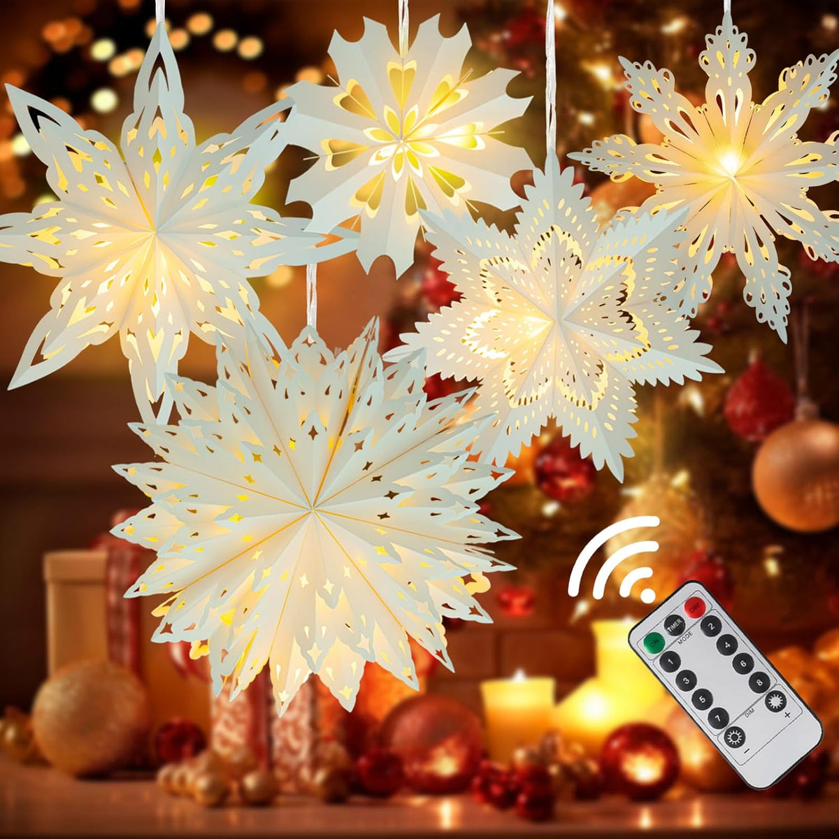 Paper Snowflake Lanterns with Lights, 5 Pack Christmas Hanging Decorations