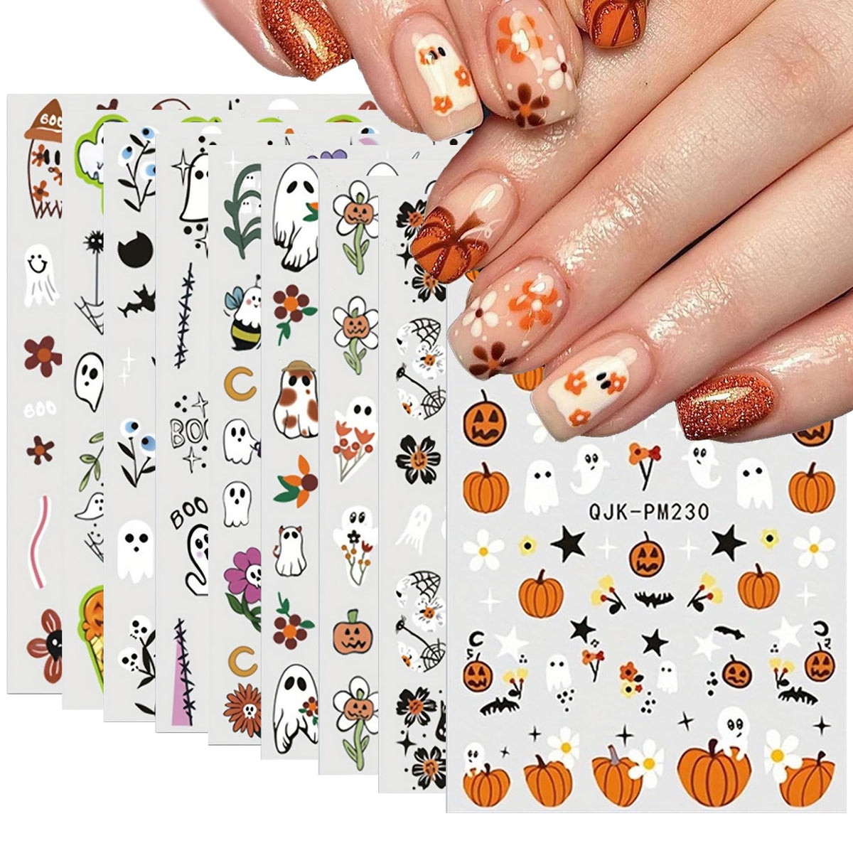 Halloween Nail Art Stickers Cute Ghost Pumpkin 3D Self-Adhesive Nail Decals Bat Cat Skull Designs Nail Decorations Halloween DIY Manicure Supplies for Women Girls&Kids 6Pcs