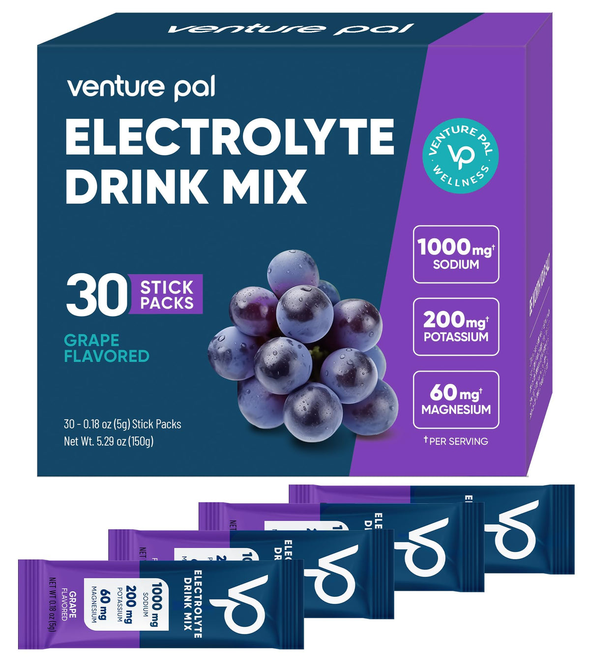 Venture Pal High Sodium Sugar-Free Electrolyte Powder Packets - Hydration Packets with Sodium, Potassium & Magnesium | Zero Calories | Keto, Vegan, and Paleo Friendly | 16 Sticks