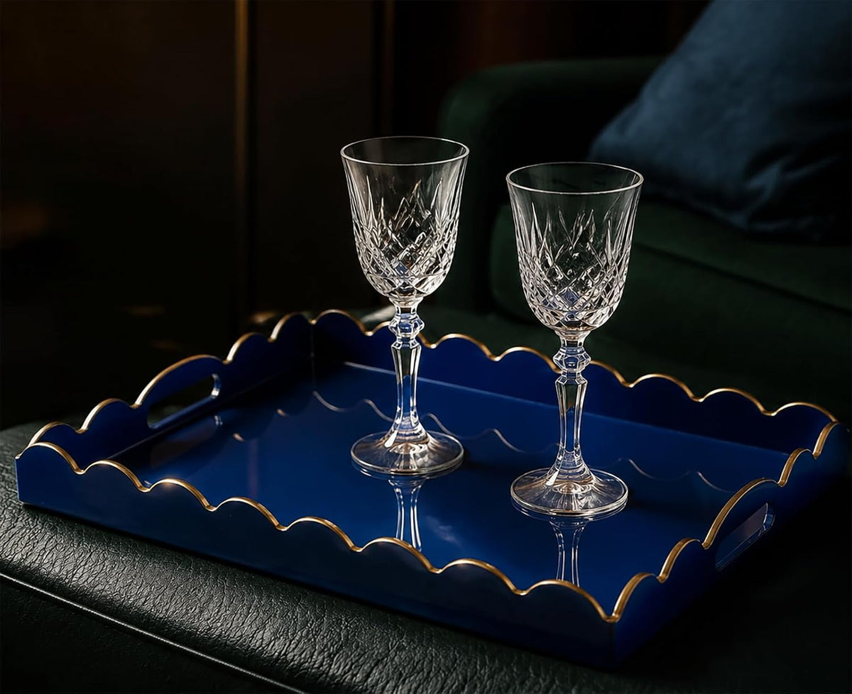 Gesodant Scalloped Glossy Plastic Lacquer Decorative Tray, 15.7 x 11.8 Inch Rectangle Serving Tray with Handles for Coffee Table, Ottoman, Bedroom Vanity, Living Room Centerpiece (Royal Blue & Gold)