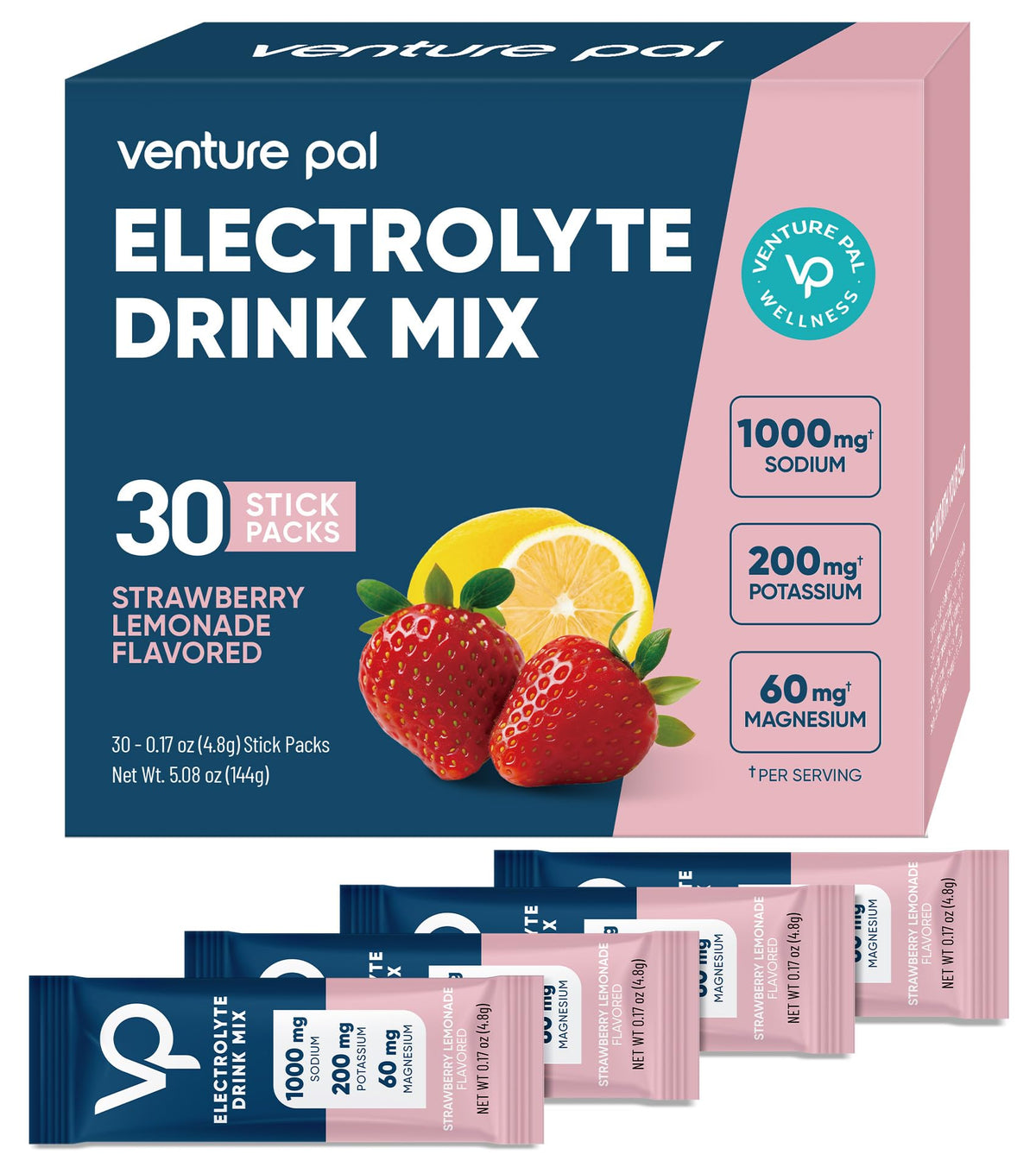 Venture Pal High Sodium Sugar Free Electrolytes Powder Packet, Zero Calories Hydration Packets with Vitamin, Sodium, Potassium & Magnesium, Electrolyte Drink Mix, Vegan, Keto Friendly, 16 Count