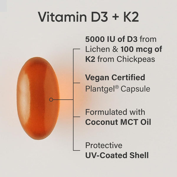 Sports Research® Vitamin D3 + K2 w/Coconut Oil - Vegan Vitamin D 5000iu (125mcg) & Mk7 Vitamin K 100mcg for Bone & Immune Support - Vegan Certified · Non-GMO · Soy Free - 30 Softgels