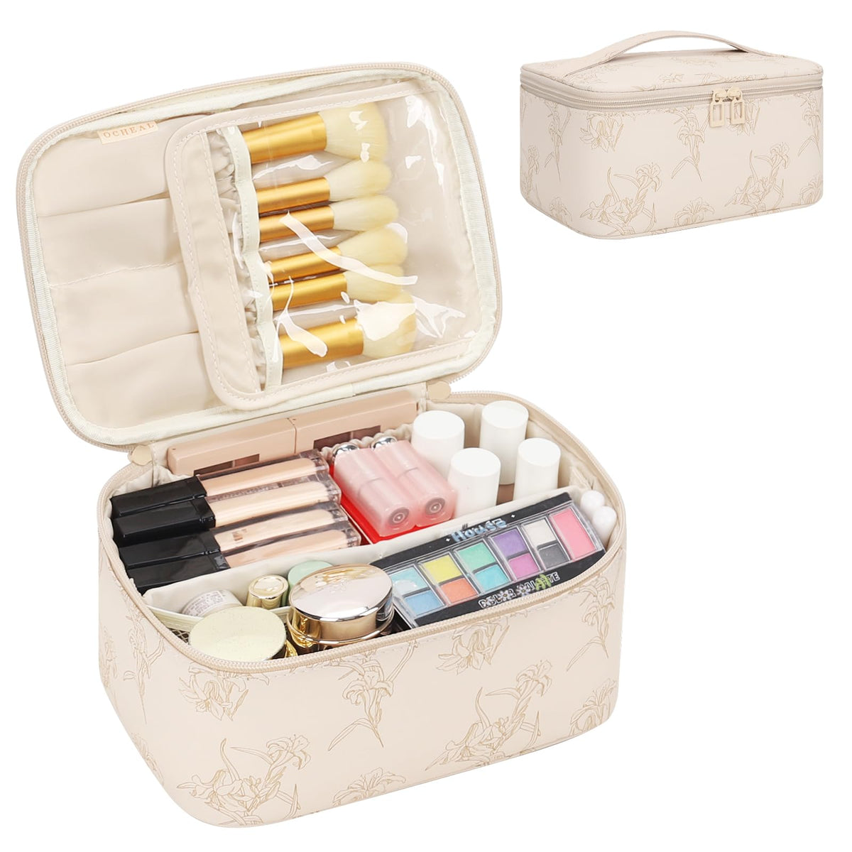 OCHEAL Makeup Bag, Portable Cosmetic Bag, Large Capacity Travel Makeup Case Organizer, Black For Women Toiletry Bag for Girls Traveling With Handle and Divider