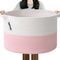 Large Woven Blanket Basket,65L Cotton Rope Laundry Basket Hamper with Handles, Decorative Nursery Basket Storage Bin for Toys, Clothes Organizer, Living Room, Bedroom, Bathroom, White & Brown