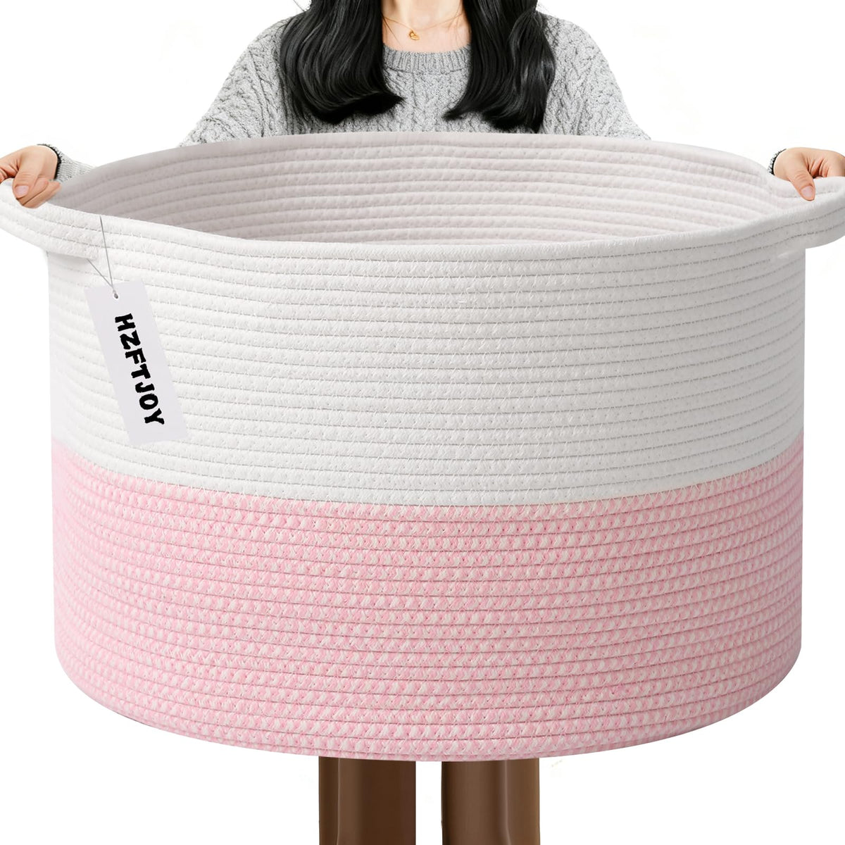 Large Woven Blanket Basket,65L Cotton Rope Laundry Basket Hamper with Handles, Decorative Nursery Basket Storage Bin for Toys, Clothes Organizer, Living Room, Bedroom, Bathroom, White & Brown
