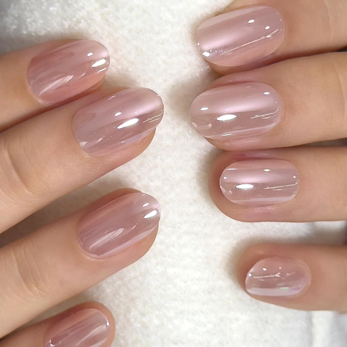 CurvLife Short Oval Chrome Nude Press On Nails, Champagne Pearl, Soft Gel | 32PCS 16 Sizes, Salon-Quality Natural Fake Nails, Curved Fit, 7-14 Day Glue-On Wear, Reusable Stick-On Nails, Press-On Kit