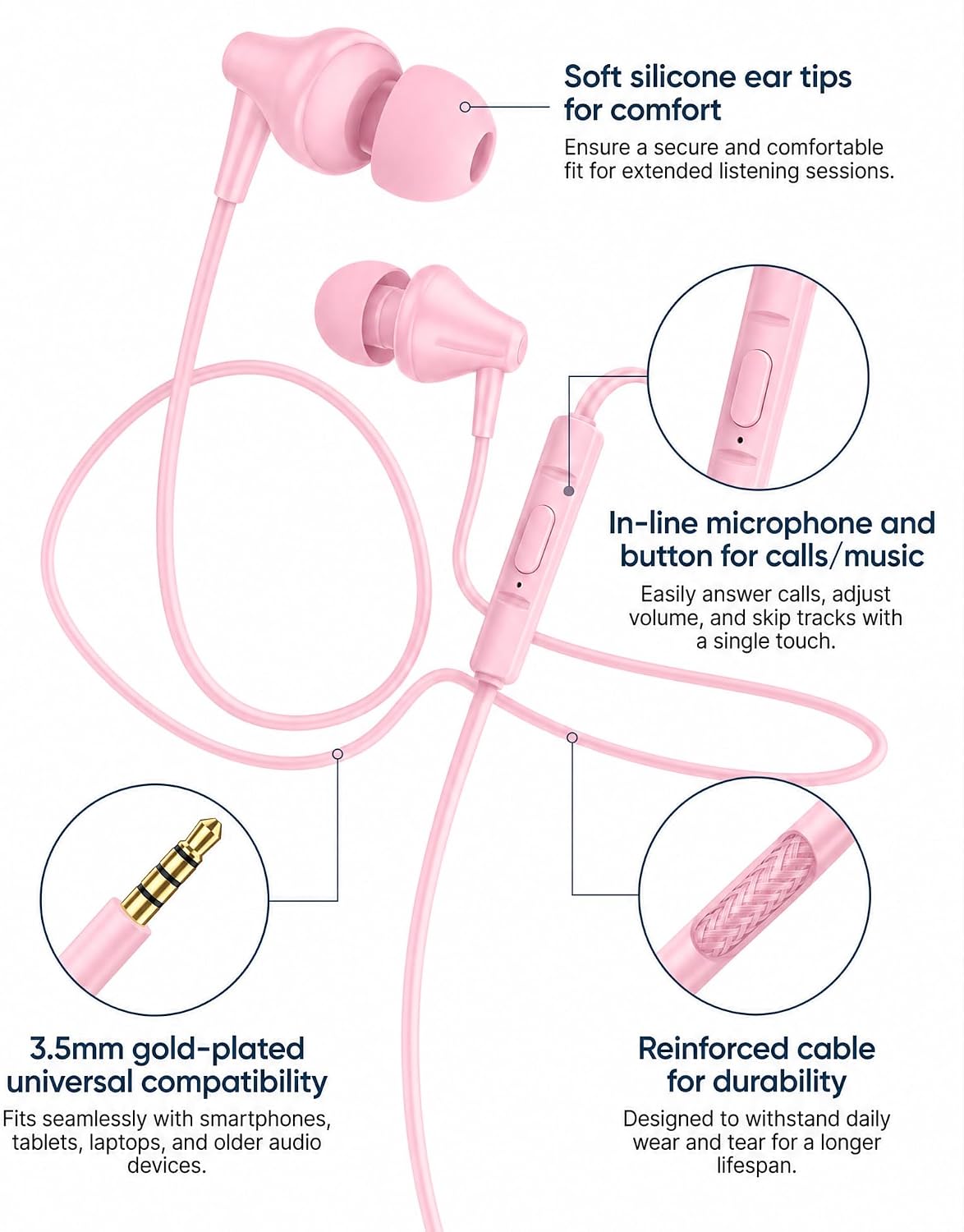 Teens Wired Earbuds with Case, 3.5mm Headphones for School,Berry Bows