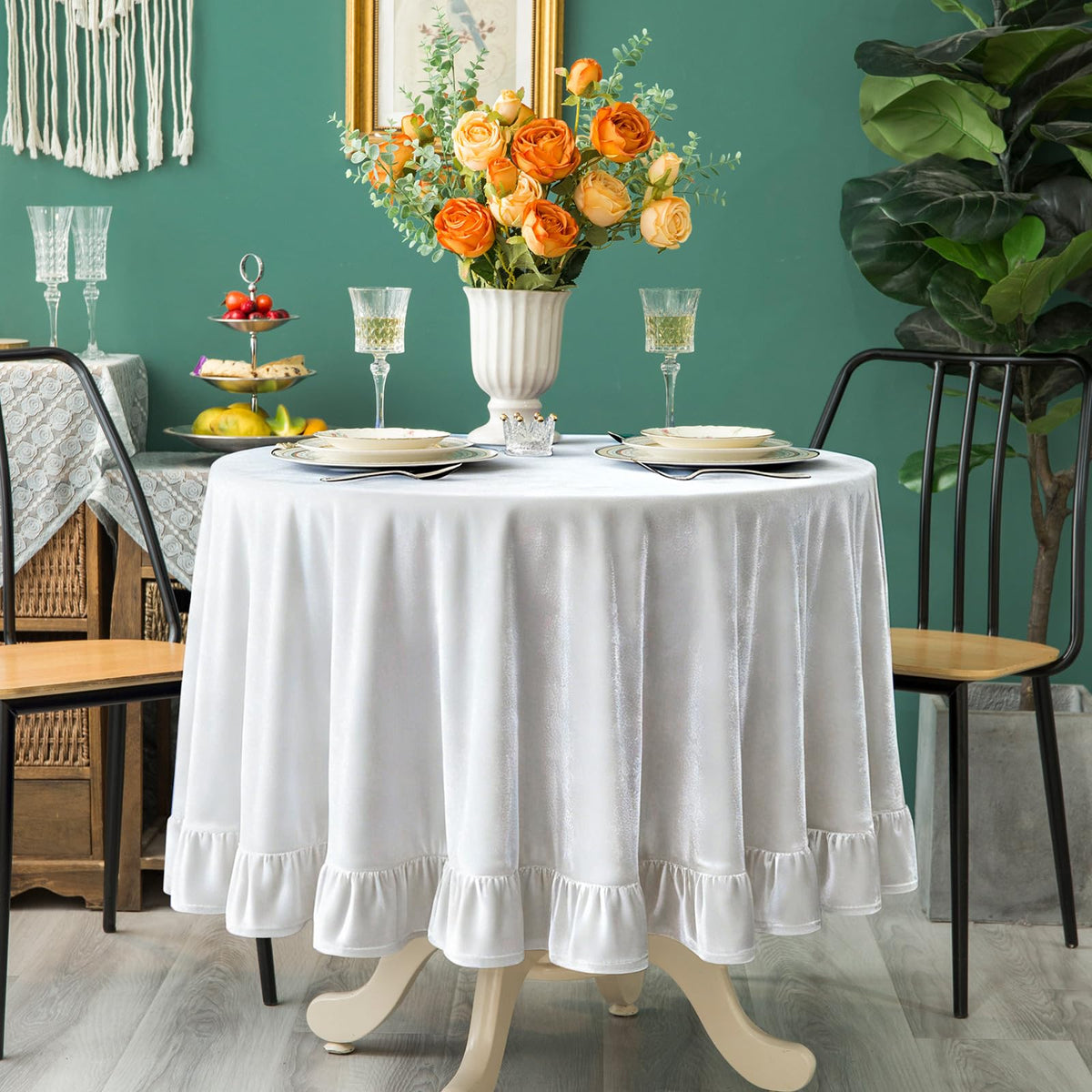 GLORY SEASON Velvet Tablecloth Luxurious Solid Rectangle Table Cloth,Oblong Retro Farmhouse Ruffle Tablecloths Washable Table Cover for Party Olive Green,52x70 Inches