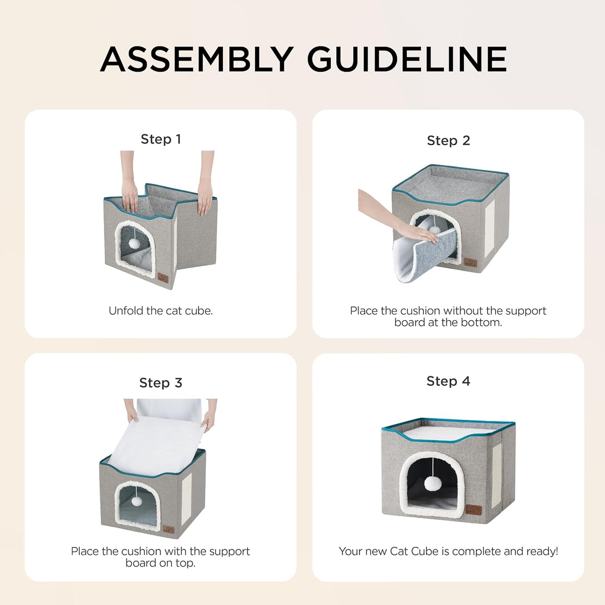 Bedsure Cat House Bed for Indoor Cats with Fluffy Ball and Scratch Pad,Grey | 16.5x16.5x13 in,Large Cat Cave for Multiple Pets,Foldable Cat Hideway Cube for Sleeping Kitten