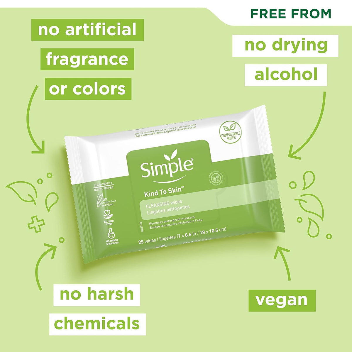 Simple Kind to Skin Facial Wipes Gentle and Effective Makeup Remover Cleansing Free from color and dye, artificial perfume and harsh chemicals 25 Wipes
