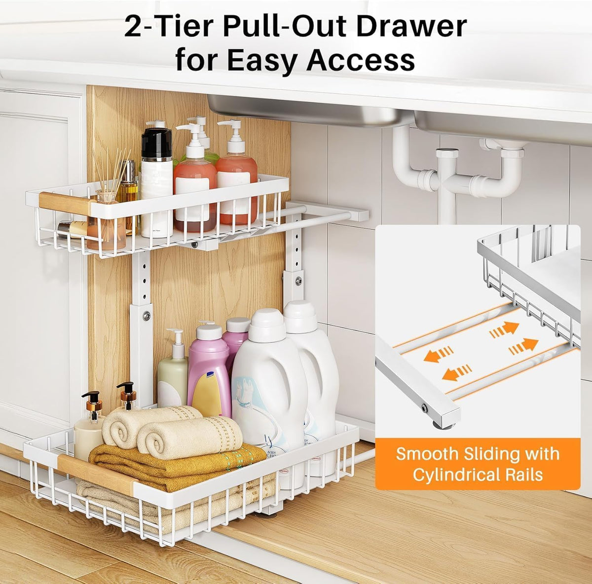 PXRACK Under Sink Organizer, Adjustable Height, 2 Tier Pull Out Under Cabinet Organizer, Slide Out Thickened Metal Under Sink Storage for Kitchen Bathroom Laundry Pantry Cabinet, White, Large-2-Pack