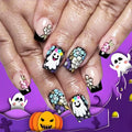 48Pcs Halloween Press on Nails Ghost Stick on Fingernails Monster Short Square False Nails Glossy Black Spider Web Acrylic Fake Nail Skull Gel Glue on Nail for Coquette Women Girls