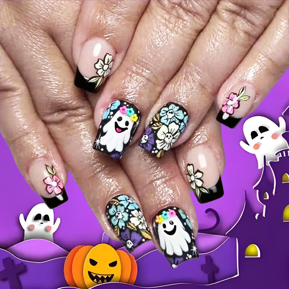 48Pcs Halloween Press on Nails Ghost Stick on Fingernails Monster Short Square False Nails Glossy Black Spider Web Acrylic Fake Nail Skull Gel Glue on Nail for Coquette Women Girls