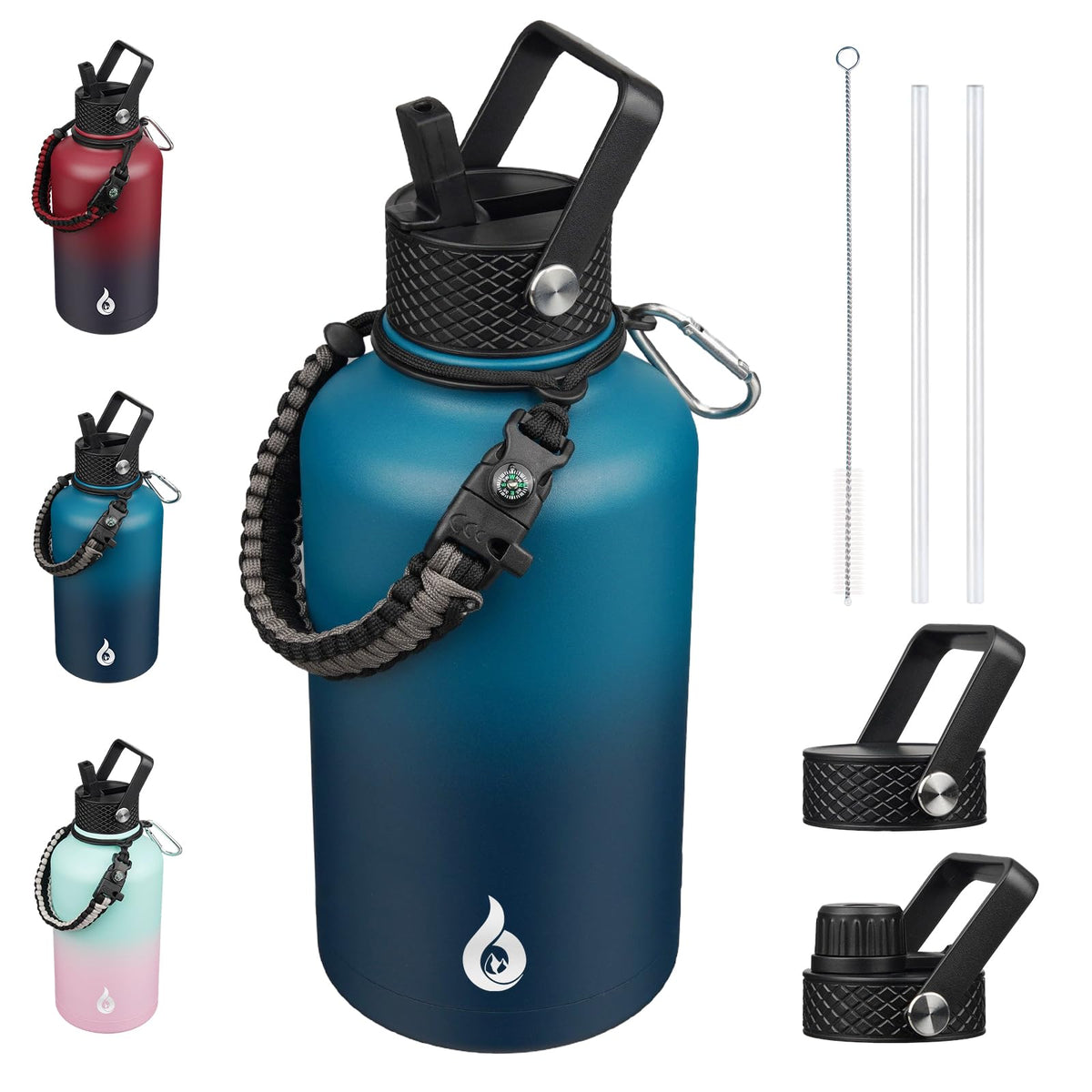 BJPKPK Half Gallon Insulated Water Bottles with Straw Lid & Side Handle, 64oz Large, Stainless Steel Water Bottles with 3 Lids and Paracord Strap, Metal Water Jug,Black