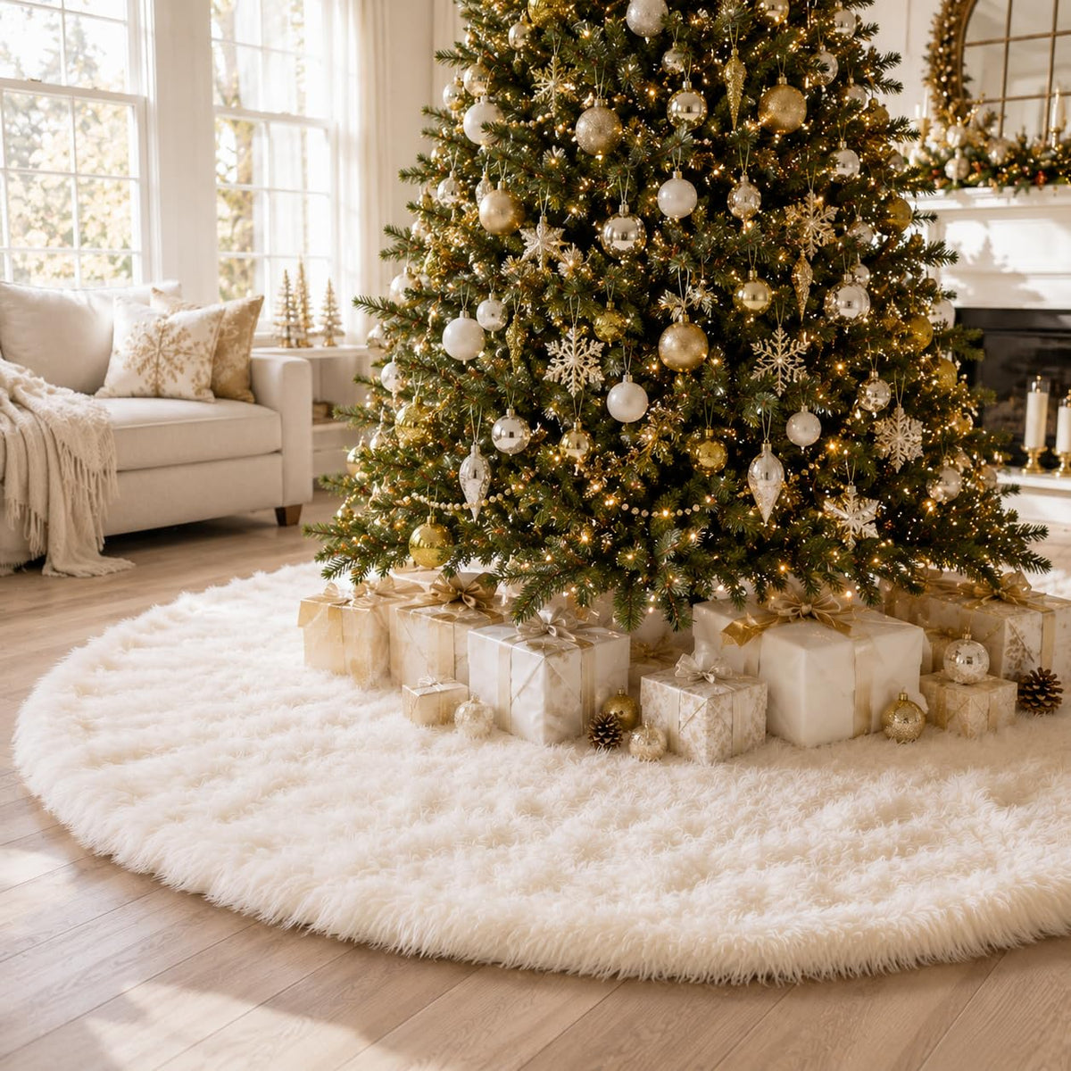 YEAHOME Christmas Tree Skirt, 48 Inch White Soft Faux Fur Tree Skirts Plush Christmas Decorations, White Ornaments Christmas Tree Skirts Xmas Decorations Indoor Holiday Party Decor