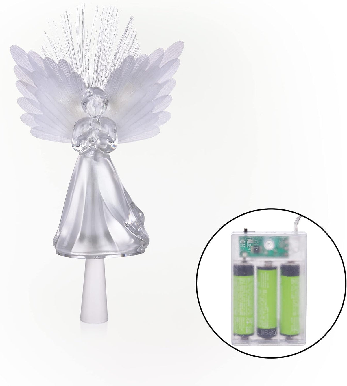Alpine Corporation 11" Tall Angel Tree Topper with Fiber Optic Wings and LED Light, with Timer Function, Durable Plastic, and Radiant Glow for Holiday Christmas Decoration