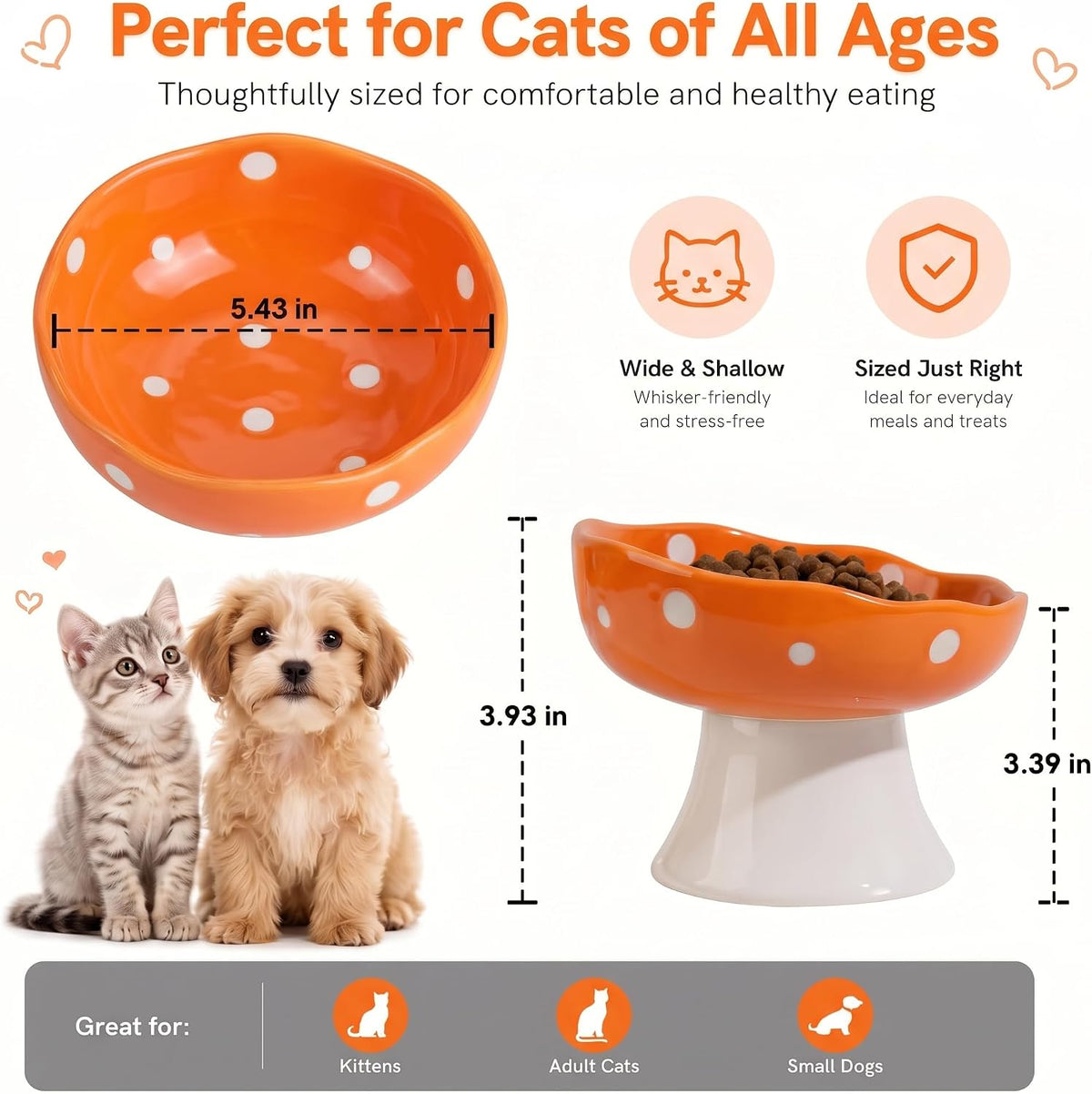 Orange Mushroom Cat Bowl, Elevated Ceramic Bowl for Cats