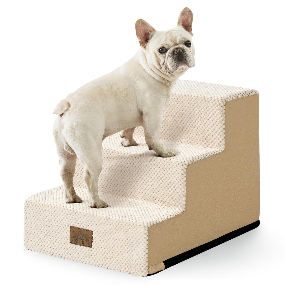 COZY KISS Dog Stairs for Small Dogs, 5 Tier Wider Pet Stairs for High Beds, 23.6" H Non-Slip Dog Steps for Old Cats, Puppies, Small Medium Dogs, 19.7x29.5x23.6 inch, Beige