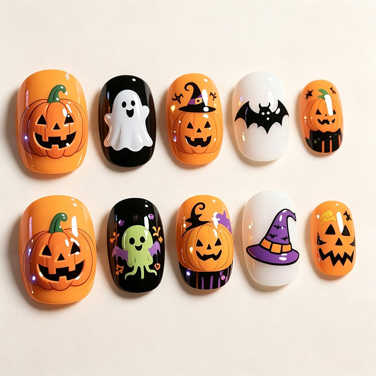 Pink Halloween Press on Nails Long Coffin Fake Nails Cute Ghost Bat Spider Web Design Glossy Acrylic Nails Reusable Stick on Nails Full Cover Artificial Nails Halloween Costume Party Daily Nail Decor