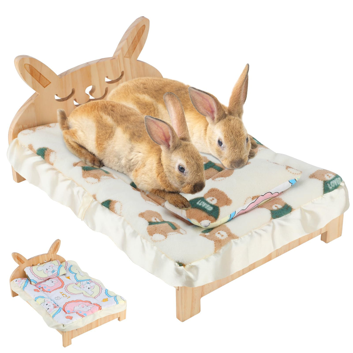 BWOGUE Large Wooden Rabbit Bed, Bunny Bed with Removable Cushion, 2-in-1