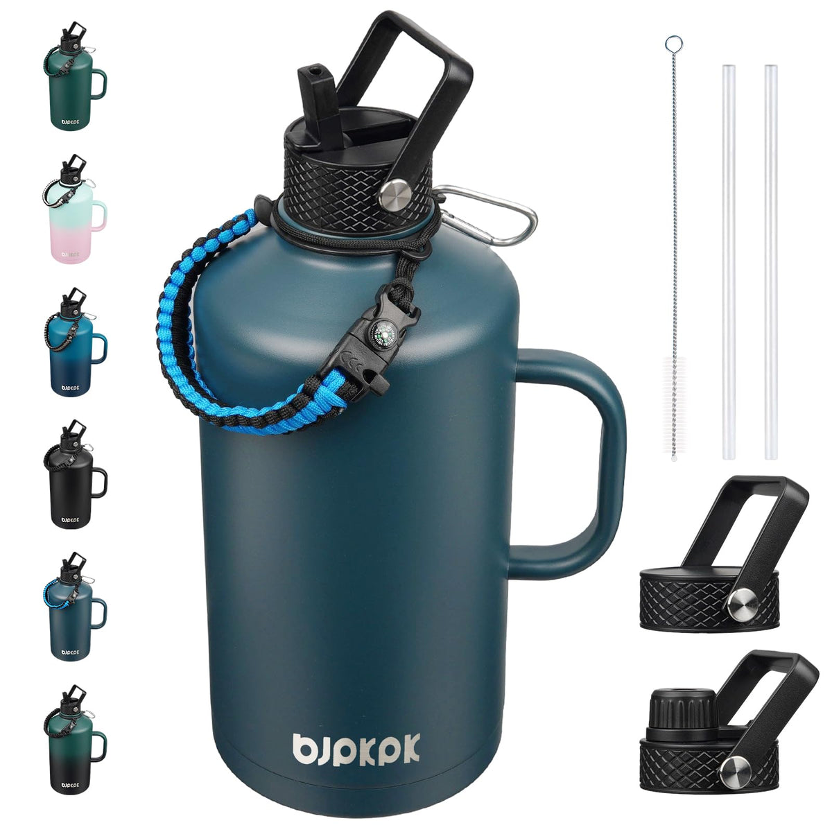 BJPKPK Half Gallon Insulated Water Bottles with Straw Lid & Side Handle, 64oz Large, Stainless Steel Water Bottles with 3 Lids and Paracord Strap, Metal Water Jug,Black