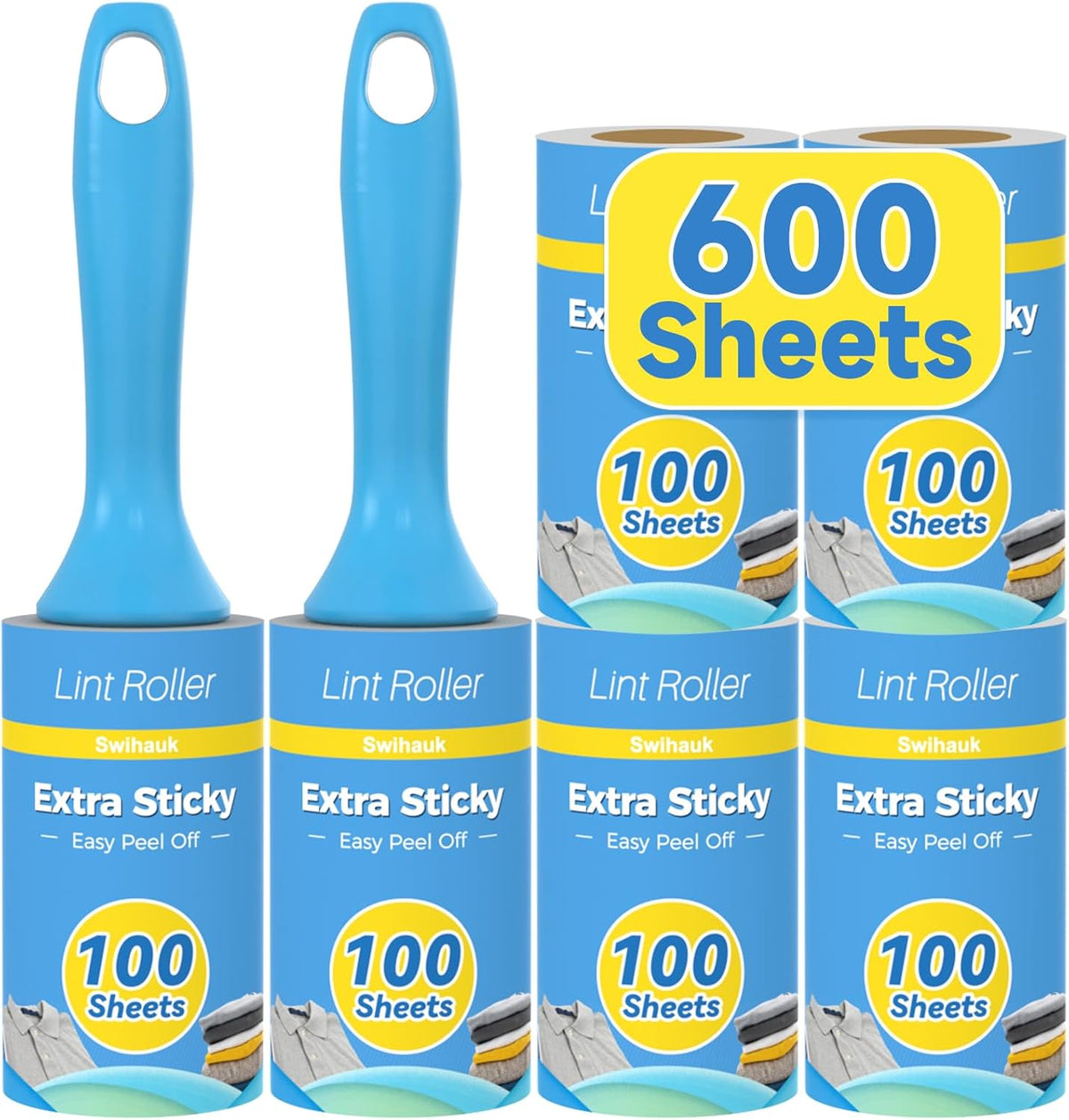 Swihauk 600 Sheets Extra Sticky Lint Rollers for Pet Hair | Easy Spiral Tear Lint Roller for Clothes with Ergonomic Handle, Multipurpose Lint Remover for Furniture, Carpet, Car Seat