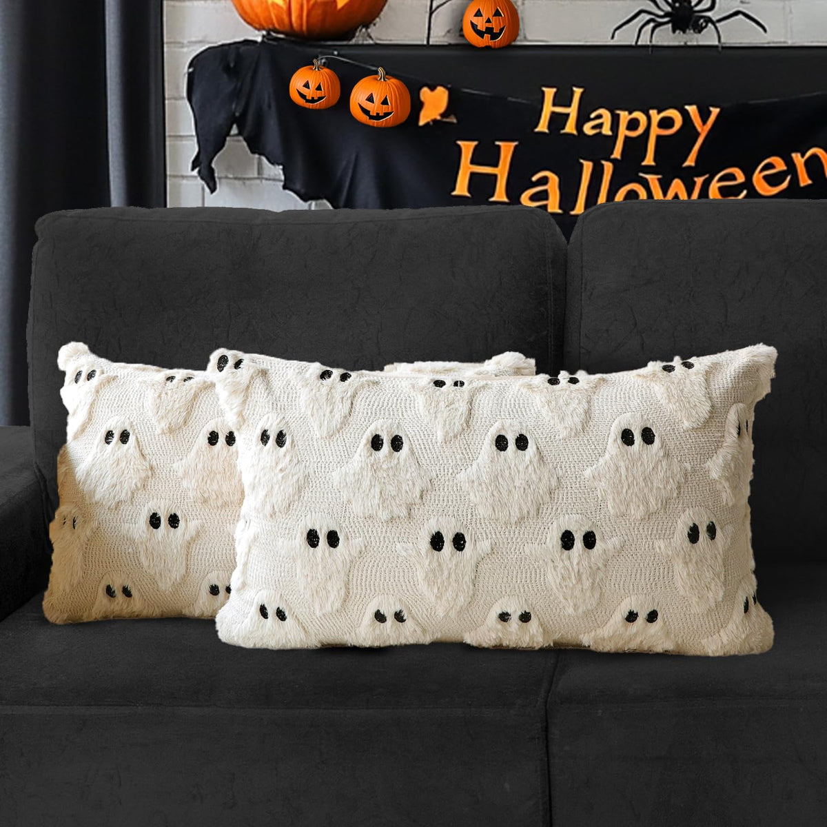 Halloween Ghost Decorative Pillow Covers 18x18 Set of 2, Beige Soft Plush Faux Fur Farmhouse Throw Cushion Cases for Fall Holiday Home Decorations