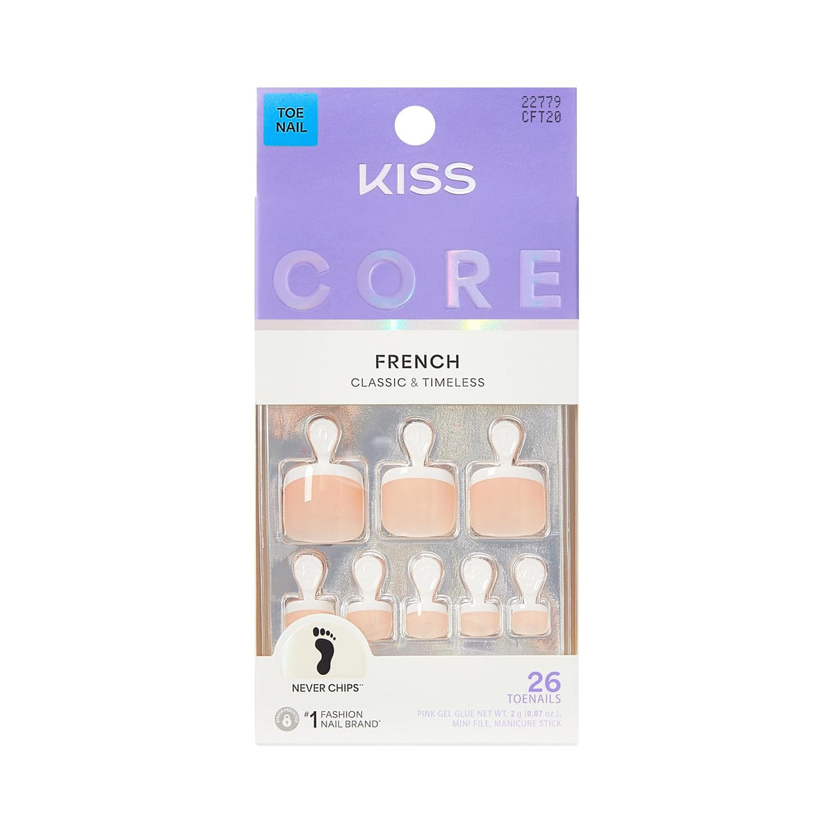 Kiss Core, Press On Nails, Nail glue included, 'Two of a Kind', White, Short Size, Squoval Shape, Includes 26 Toenails, 2g Glue, 1 Manicure Stick, 1 Mini File