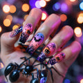 48Pcs Halloween Press on Nails Ghost Stick on Fingernails Monster Short Square False Nails Glossy Black Spider Web Acrylic Fake Nail Skull Gel Glue on Nail for Coquette Women Girls