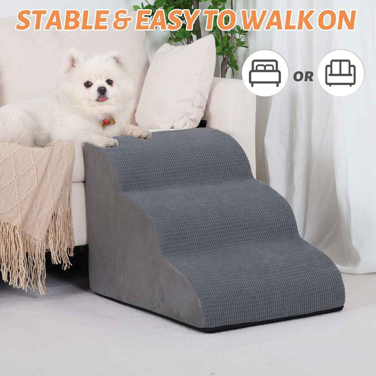 Aodisman Dog Stairs for Small Dogs and Cats,3-Step Pet Ramp for Bed & Couch | 15.7" H Non-Slip Sturdy Dog Steps with Curved Ramp for Senior,Short-Legged Dogs,Puppy and Cats to Reach Sofa or Chair,Grey