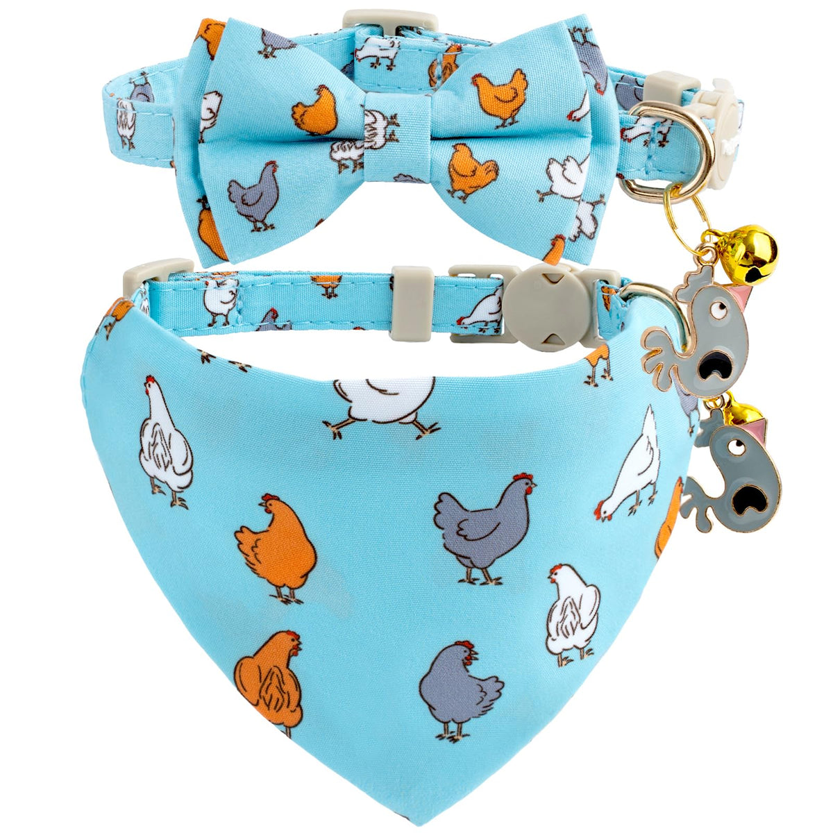 Faygarsle 2 Pack Blueberry Pattern Cat Collar Set with Bandana and Bow Tie, Light Blue, Breakaway Style with Bell
