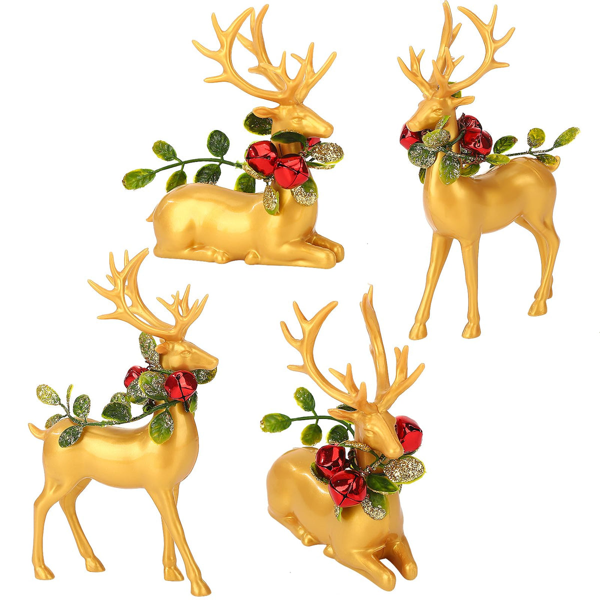 4 Pcs Christmas Reindeer Figurine Ornaments with Branch Wreath Transparent