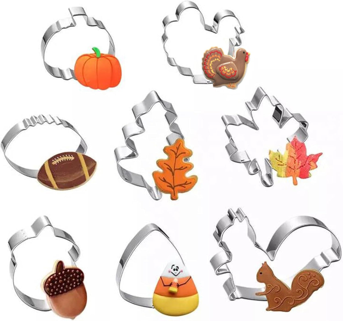 Fall Cookie Cutters Set, 8-Piece Thanksgiving Cookie Cutters with Pumpkin, Turkey, Football and Leaf Shapes, Stainless Steel