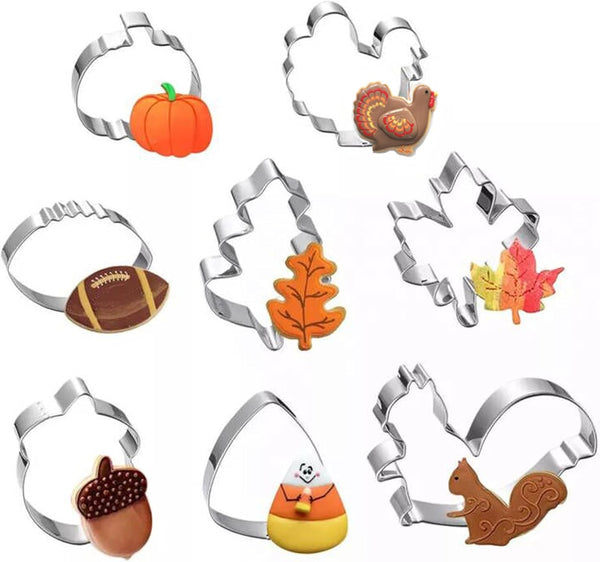 Fall Cookie Cutters Set, 8-Piece Thanksgiving Cookie Cutters with Pumpkin, Turkey, Football and Leaf Shapes, Stainless Steel