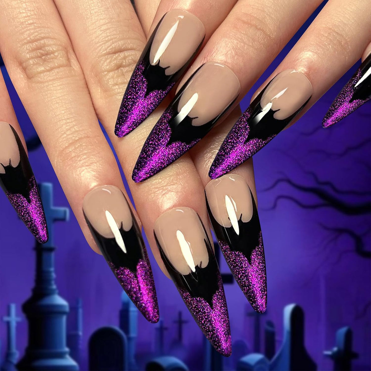 Halloween Long Stiletto Press on Nails Glossy Purple Glitter Acrylic False Nails 24Pcs Sparkly Fake Nail Black Bats Gel Glue on Nail French Tips Stick on Fingernails for Coquette Women Girls