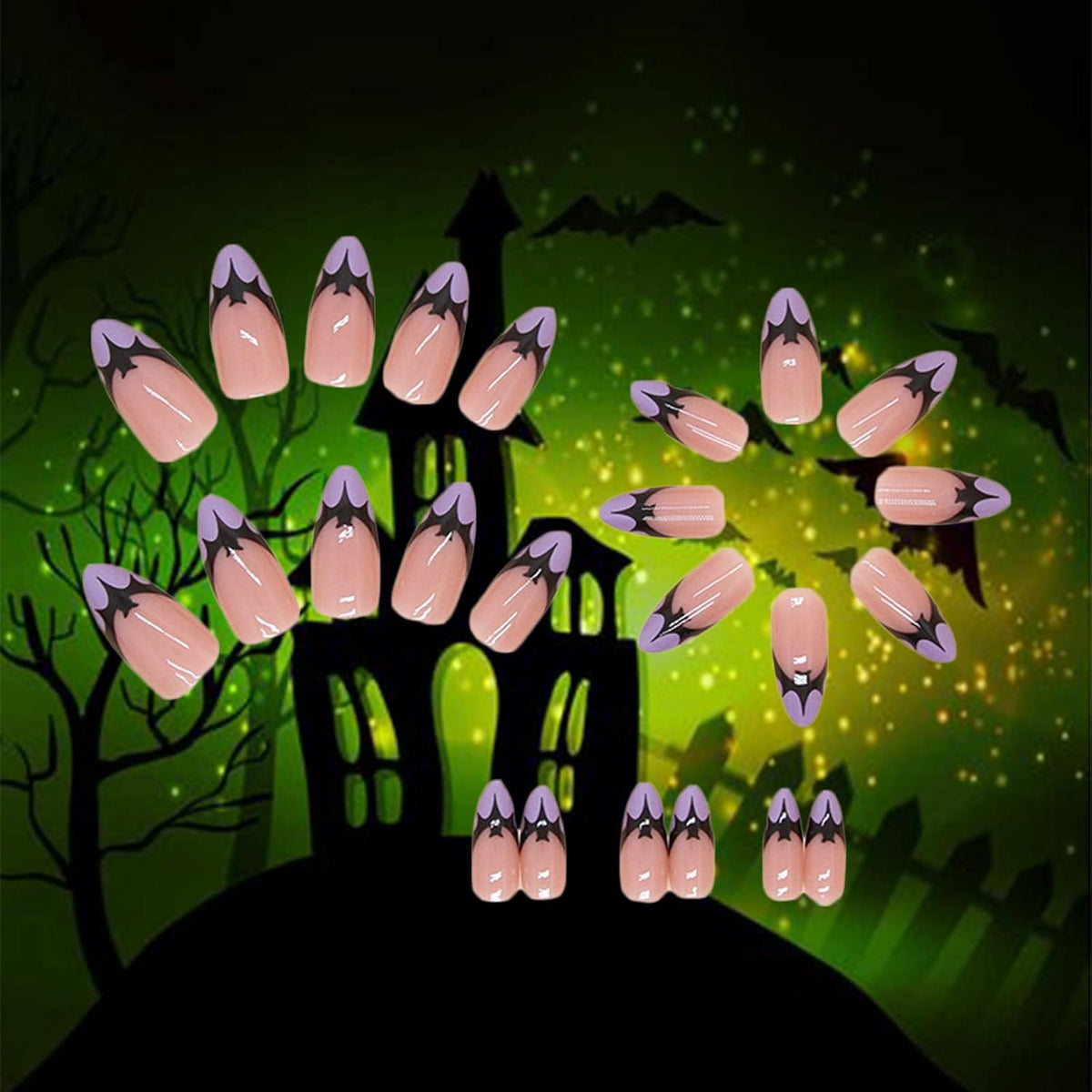 Halloween Bat Press on Nails for DIY Manicure Glossy Purple French Tips 24Pcs Acrylic Medium Almond False Nails Gel Glue on Nails Evil Bats Fake Nails Stick on Nails for Women Girls French Tips Design