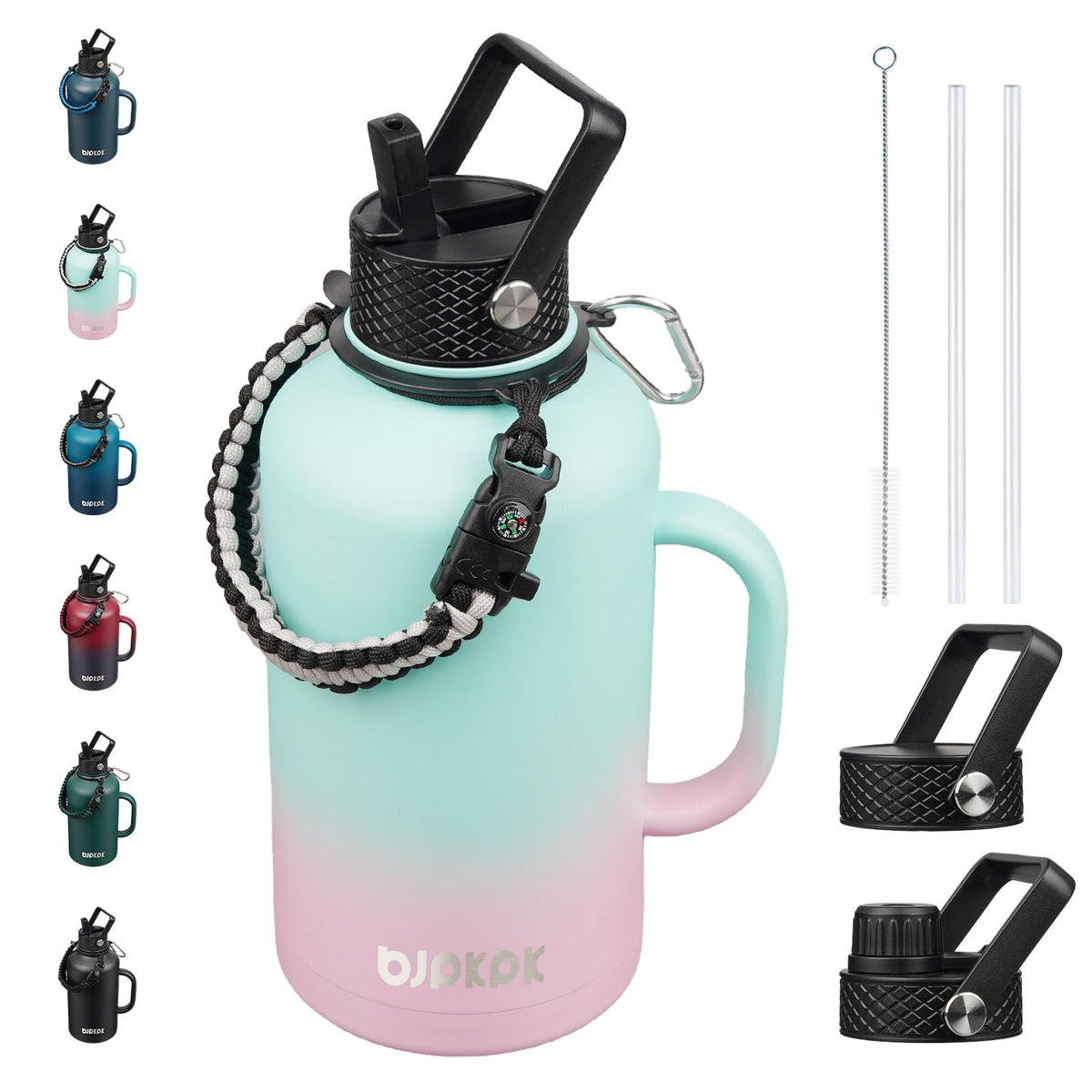 BJPKPK Half Gallon Insulated Water Bottles with Straw Lid & Side Handle, 64oz Large, Stainless Steel Water Bottles with 3 Lids and Paracord Strap, Metal Water Jug,Black