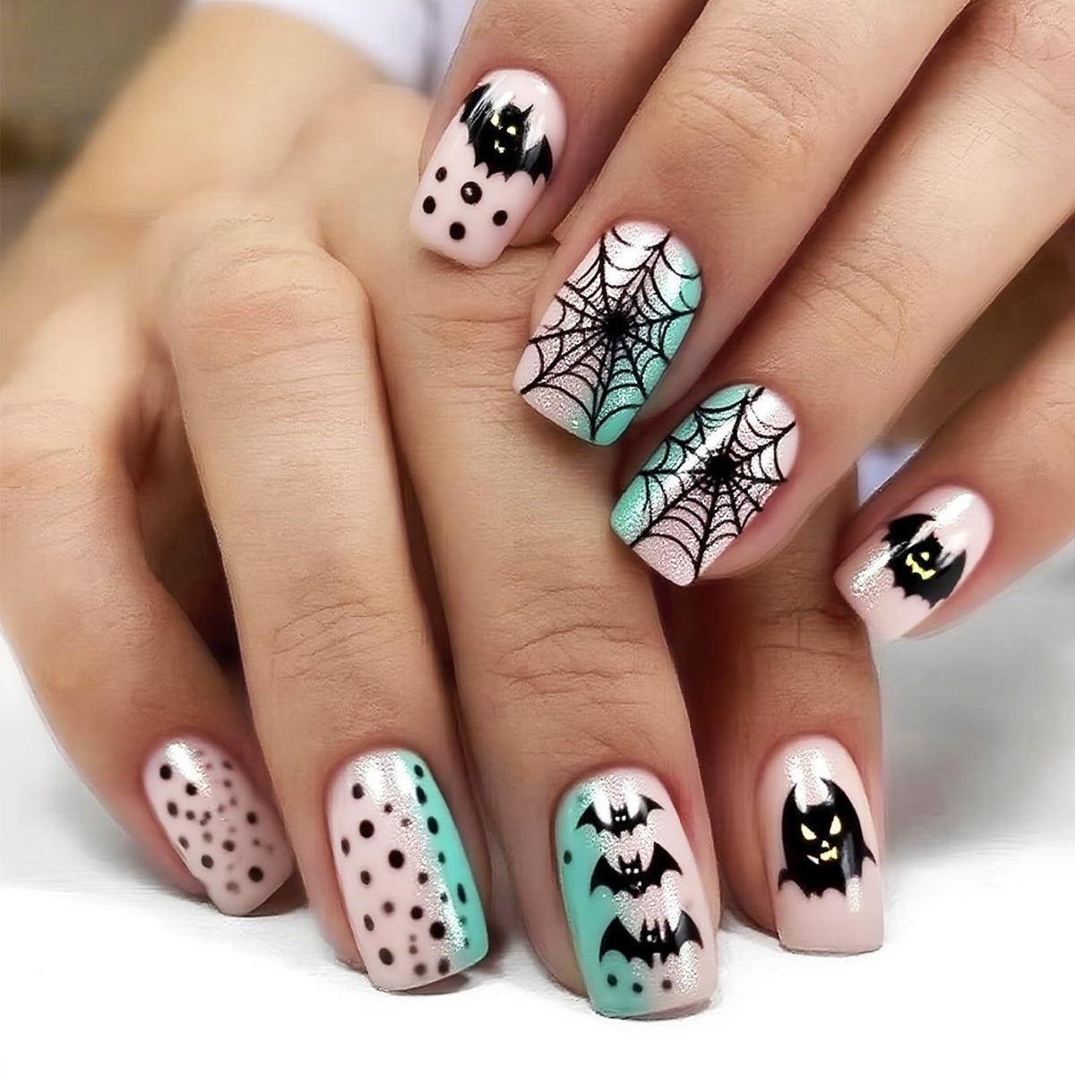 48Pcs Halloween Press on Nails Ghost Stick on Fingernails Monster Short Square False Nails Glossy Black Spider Web Acrylic Fake Nail Skull Gel Glue on Nail for Coquette Women Girls