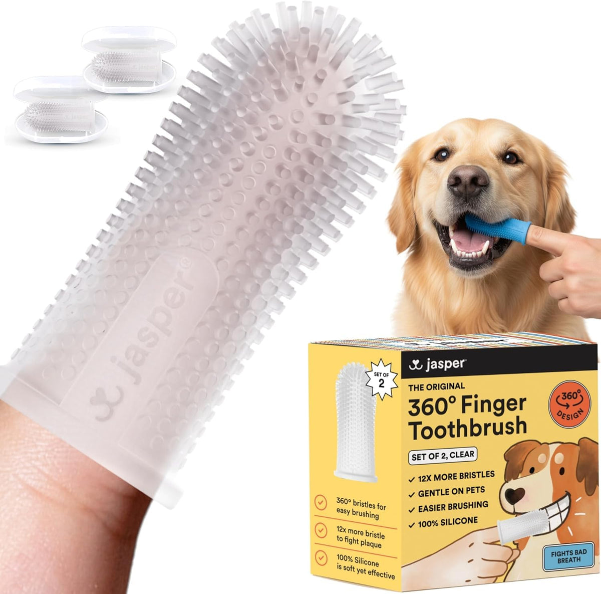 Jasper Dog Toothbrush, 360 Dog Tooth Brushing Kit, Finger Toothbrush, Cat Tooth Brush, Teeth Cleaning, Pet Tooth Brush for Small & Large Pets, Pet Toothpaste Not Included, 2-Pack Blue