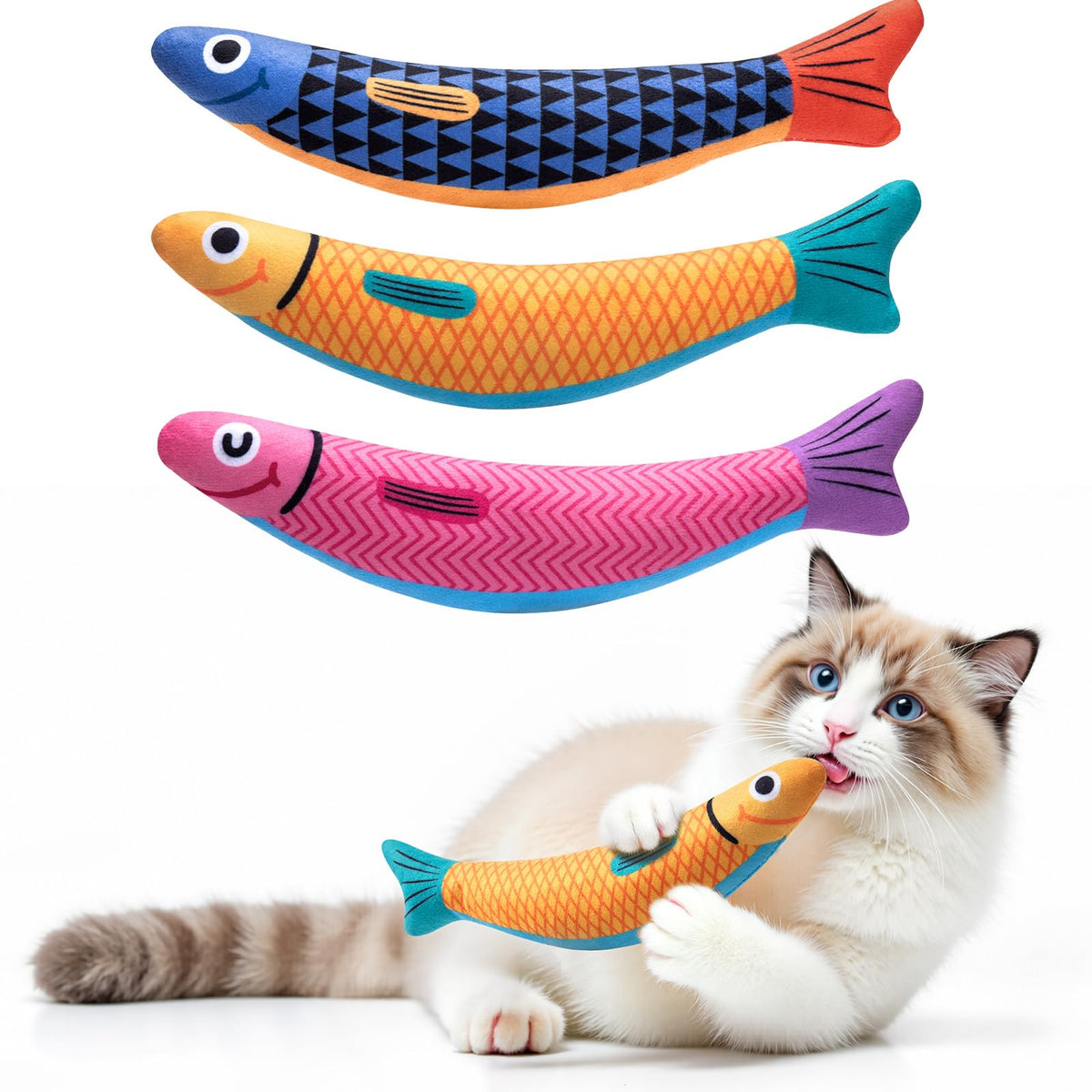PetBusy Cat Toys with[5000mg A+Natural Catnip &Silvervine] [Baby Grade] Interactive Soft Chew Kicker Cat Toys for Indoor Cats & Kittens, [Crinkle &Bell] Fish Sound Toy, Drives Bored Cat Crazy with Fun