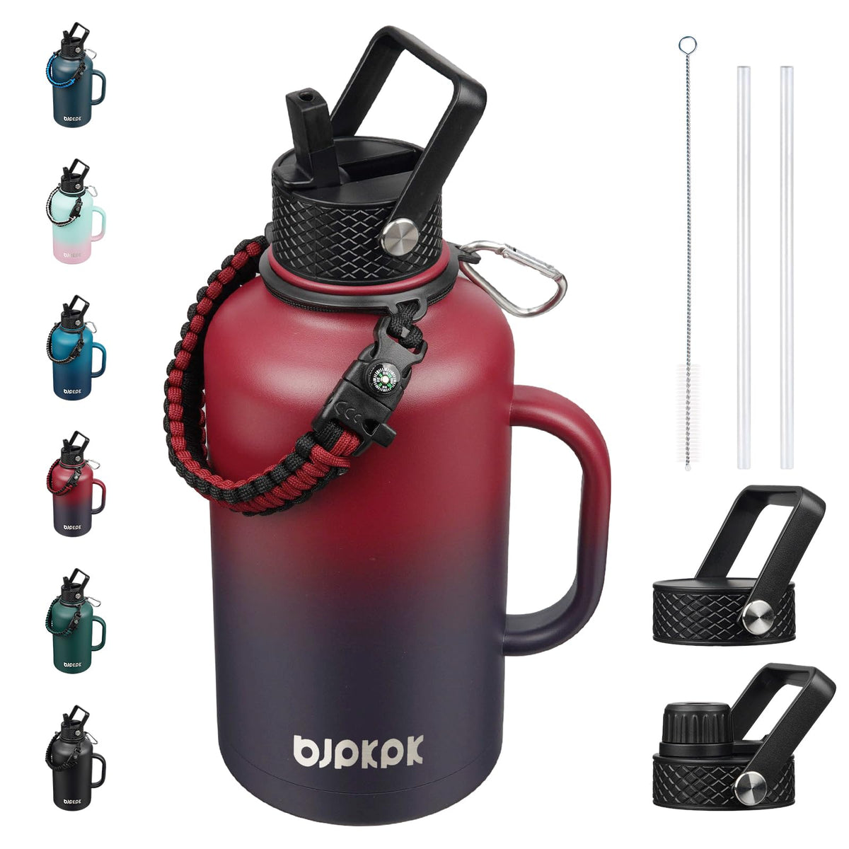 BJPKPK Half Gallon Insulated Water Bottles with Straw Lid & Side Handle, 64oz Large, Stainless Steel Water Bottles with 3 Lids and Paracord Strap, Metal Water Jug,Black
