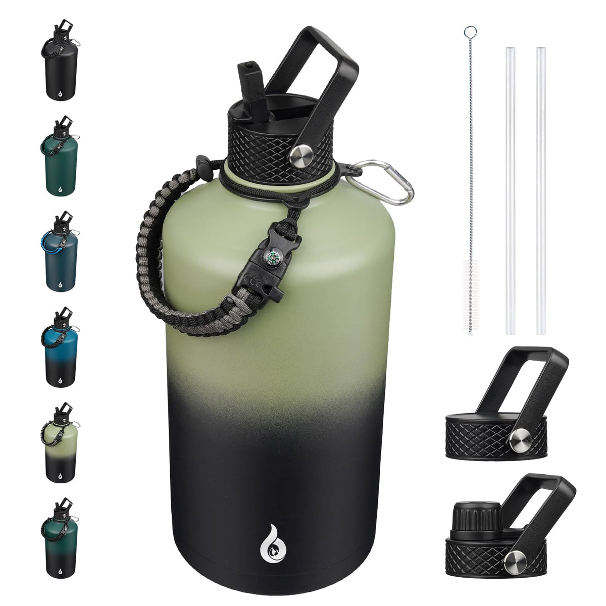 BJPKPK Half Gallon Insulated Water Bottles with Straw Lid & Side Handle, 64oz Large, Stainless Steel Water Bottles with 3 Lids and Paracord Strap, Metal Water Jug,Black