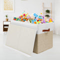 Large Toy Storage Box with Lid, Toy Chest Bin Boxes Basket with Dividers | Sturdy Toy Organizer Bin for Kids, Boys, Girls, Nursery, Living Room, Bedroom, Playroom 25"x13" x16" (Beige and White)