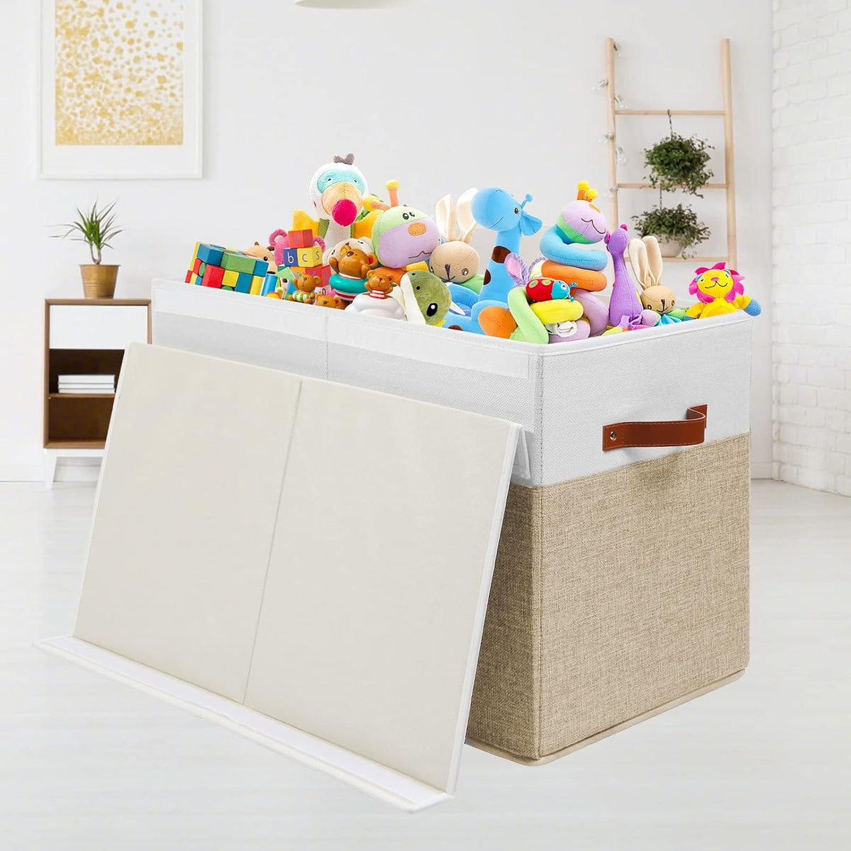 Large Toy Storage Box with Lid, Toy Chest Bin Boxes Basket with Dividers | Sturdy Toy Organizer Bin for Kids, Boys, Girls, Nursery, Living Room, Bedroom, Playroom 25"x13" x16" (Beige and White)