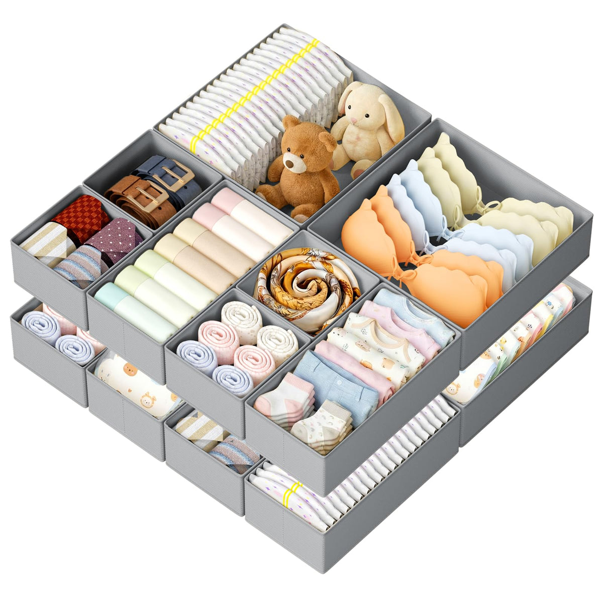 DIMJ Drawer Organizer Clothes, 12 Pack Dresser Organizer, Foldable Closet Organizers and Storage, Fabric Dresser Bins, Drawer Dividers for Nursery, Baby Clothes, Underwears, Sock (Beige)