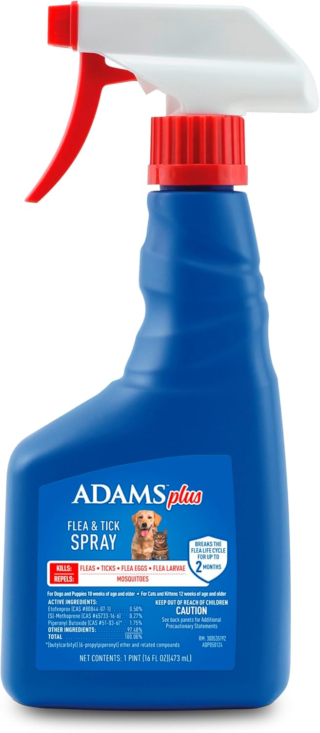 ADAMS Plus Flea and Tick Spray for Dogs & Cats, Kills Fleas and Ticks, Repels Mosquitoes, Prevents Infestations up to 2 Months, Treatment for Dogs, Cats, Puppies & Kittens, 16 Fl Oz