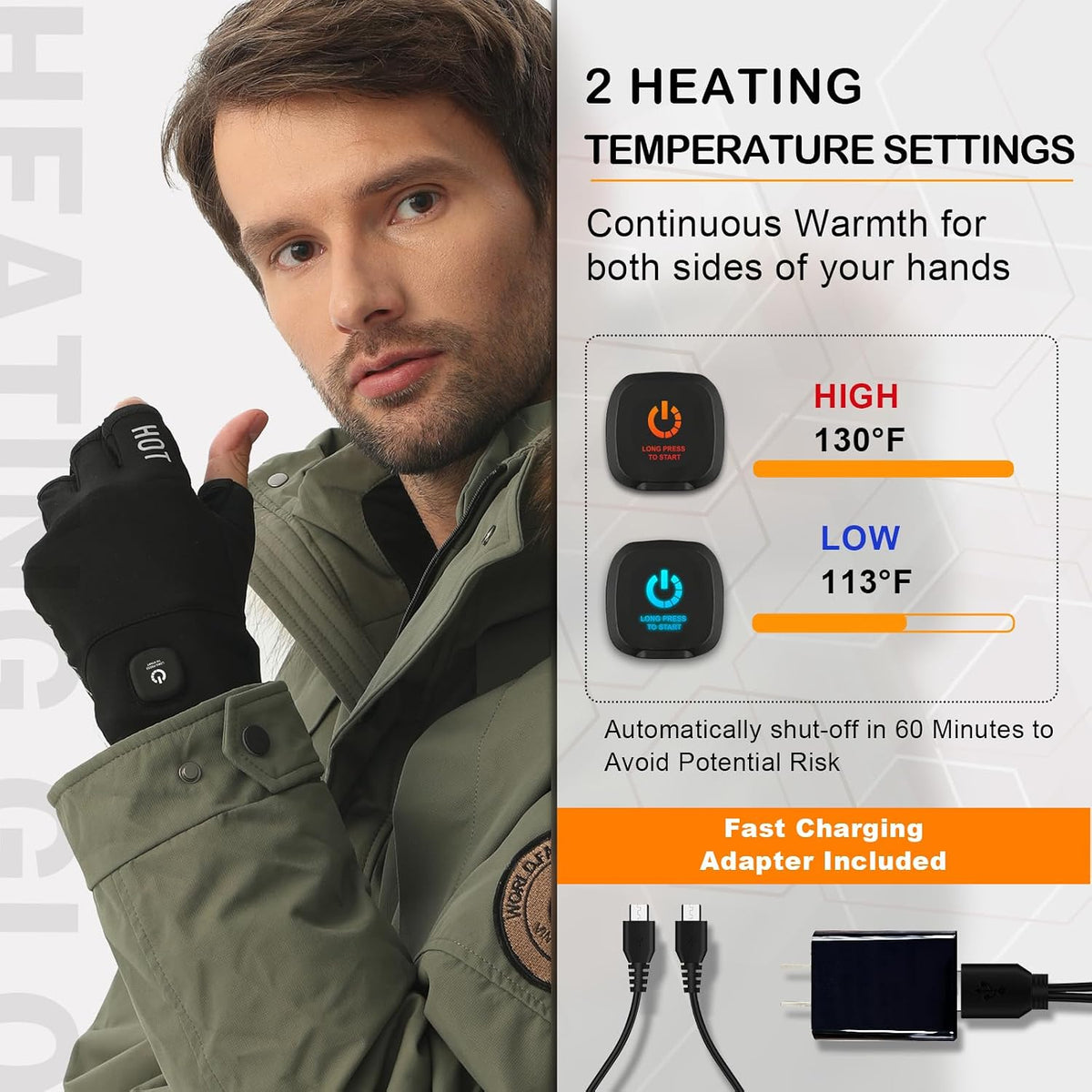 uncn Heated Gloves Fingerless for Women Man with 3.7V 3000mAh Battery Cordless Work Touchscreen Gloves for Winter Cold Weather Rechargeable Electric
