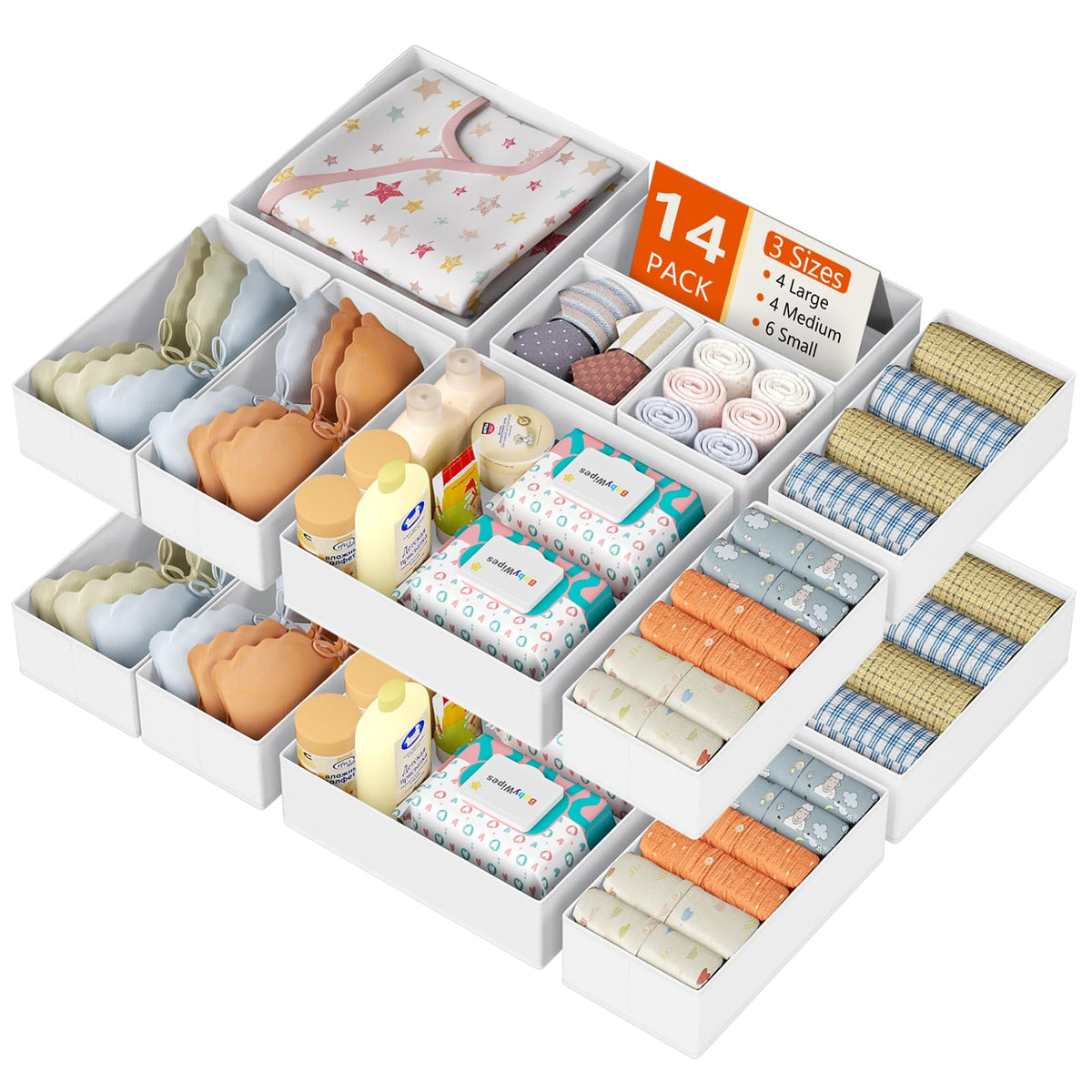 DIMJ Drawer Organizer Clothes, 12 Pack Dresser Organizer, Foldable Closet Organizers and Storage, Fabric Dresser Bins, Drawer Dividers for Nursery, Baby Clothes, Underwears, Sock (Beige)