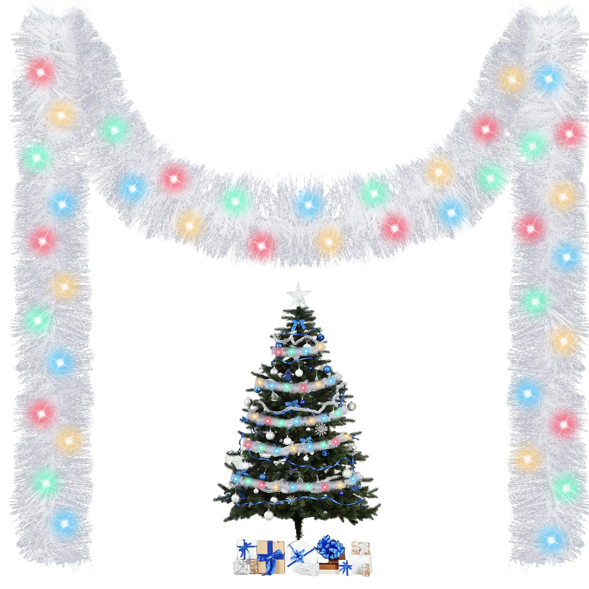 16.4 ft Christmas Tinsel Garland with Light, Multicolor, Red and Green